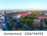 Aerial tour over the famous National Library of Science and Technology of the National Polytechnic Institute surrounded by nature on a quiet morning