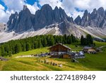 Geisler Alm, Dolomites Italy, hiking in the mountains of Val Di Funes in Italian Dolomites, Nature Park Geisler-Puez with Geisler Alm in South Tyrol. Italy Europe zanser alm