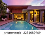 Modern house with a swimming pool, modern pool villa at the beach, luxury villa
