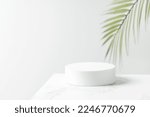 White circle pedestal for beauty cosmetic product presentation. Bathroom shelf mockup.