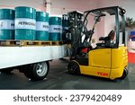 Small photo of ATHENS, GREECE, SEPTEMBER 23, 2023. TCM FTB16 ELECTRIC Counterbalance Forklift Truck of 2023, exhibited during Athens car show in Greece.