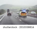 Police siren flashing blue lights driving on motorway to accident or crime scene