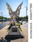 Small photo of Point Pleasant, West Virginia - Sept. 10, 2021: The mysterious Mothman creature was first seen at the site of a former World War II munitions plant. This sculpture by Bob Roach sits on 4th street.