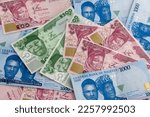 Small photo of A spread of a variety of the new Nigerian (Naira) banknotes overlapping themselves