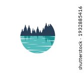 Vector circle Lake logo template. Illustration of a blue, azure lake with the silhouette of a forest. Reflection of the forest in the water.