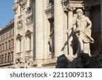 Small photo of Italy -Rome – May 11, 2022: the Trevi Fountain is the largest and most famous fountain in Rome. Details of allegorical sculpture “Salubrity” by Filippo Valle Beautiful details of the horses.