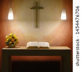 Small photo of Hannover, Germany, July 17., 2019: Simple puristic Spartan altar of the airport chapel from a table with a bouquet of flowers and an open Bible under a cross on the wall