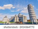 Small photo of Horse with carriage on the square with Pisa leaning tower and cathedrals, Italy