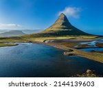 Beautiful aerial view of the Kirkjufell high mountain in Iceland, on the Snæfellsnes peninsula