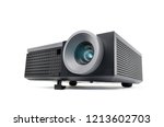 Perspective view of black LCD Projector video presentation and home Entertainment isolated on white background with clipping path