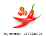Flat lay (top view) of Two Red chili peppers with sliced isolated on white background.