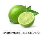 Fresh lime with  cut in half and leaves isolated on white background.