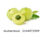  Fresh Amla  (Indian gooseberry) fruits with cut in half and leaves   isolated on white background. 
