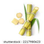 Small photo of Flat lay of Fresh sugar cane stalk with peeled isolated on white background.