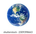 Small photo of Blue planet earth north and south america continent isolated on white background. Clipping path. Elements of this image furnished by NASA.