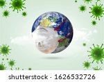 Small photo of world Corona virus attack concept. world/earth put mask to fight against Corona virus. Concept of fight against virus, danger and public health risk disease.Many Virus attack isolated on green
