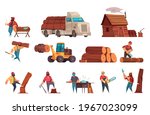 Lumberjack work equipment machinery cartoon set with loggers sawing wood chopping down felling transporting trees vector illustration