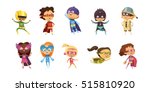 Kids wearing colorful costumes of different superheroes retro set isolated on white background cartoon vector illustration