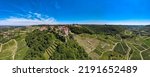 Small photo of Chateau, Chalon - France - August 1st 2022 - Aerial view of the village Chateau Chalon surrounded by vineyards in the Jura department. Voted one of the plus beaux villages de France