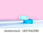 Abstract empty blue podium on pastel pink background for for presentation and exhibitions cosmetic product. 3D Rendering. Minimal concept.