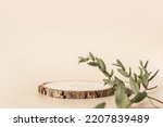 Natural round wooden stand for presentation and exhibitions on pastel beige background. Mock up 3d empty podium with green leaves for organic cosmetic product. Copy space.