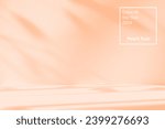 Small photo of Trendy Color of the Year 2024 peach fuzz. Orange studio background for product presentation. Empty room with shadows of window and flowers and palm leaves . 3d room with copy space. Summer concert.