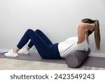woman doing various sports moves - exercises for healthy life, pelvic floor exercise. Home sport workout. Elbows static balance stand. Floor stretching. Healthy lifestyle.