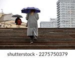 Woman with umbrella walking up...