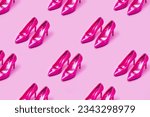 Small photo of magenta pink plastic looking shoes pattern on a pink background