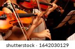 Small photo of Row, group of anonymous violin players, children, people playing, bows in hands, stands in front, closeup. Classical music concert simple performance kids orchestra string section / quartet performing