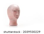 Small photo of Meme man 3d printed head plastic model, object isolated on white background, cut out, 3D print technology product, surreal internet memes modern web culture symbol simple abstract concept, nobody
