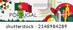 Portugal national day banner design. Portuguese flag and map theme with Lisbon landmarks background. Abstract geometric retro shapes of red and green color.  Vector illustration. Portuguesa.