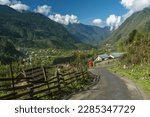 Small photo of Road of Lachung, Lachung valley, town and a beautiful hill station in Northeast Sikkim, India. 9,600 feet and at the confluence of the lachen and Lachung Rivers, both tributaries of the River Teesta.