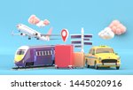 suitcase surrounded by taxis ... | Shutterstock . vector #1445020916
