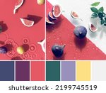 Small photo of Color matching palette from image of exotic fruits in splashing water. Purple fig, red fig slices and yellow mirabelle plums on vibrant pink background. Water surface with splashes and waves.
