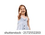 Small photo of Bullying social problem. Violent child girl pointing in camera and laughting cruelly