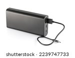 Small photo of Additional self-contained external battery for charging mobile and other device. Power bank isolated on white background. Stylish charger (rechargeable battery) . Full depth of field.
