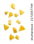 Small photo of Falling pineapple slices isolated on white background with clipping path.