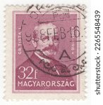 Small photo of HUNGARY - 1932: An 32 fillers brown-violet postage stamp with a portrait of Stephen Tisza. He was a prime minister, political scientist, international lawyer, macroeconomist, and champion duelist