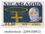 Small photo of NICARAGUA - 1968 May: An 1 on 1½ cordoba dark blue and yellow Air Post stamp depicting Human rosary and Cardinal. Visit of Cardinal Spellman to Managua, February1958. Surcharged “Resello” in Yellow