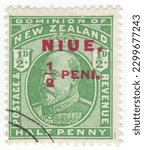 Small photo of NIUE - 1911: An ½ pence yellow-green postage stamp depicting portrait of King Edward VII. Stamps of New Zealand surcharged in Carmine. Island in the south Pacific Ocean, northeast of New Zealand