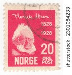 Small photo of NORWAY - 1928 March 20: An 20 ore carmine postage stamp depicting portrait of Henrik Ibsen, dramatist. The hundredth anniversary of the birth of Henrik Johan Ibsen, the famous Norwegian writer