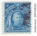 Small photo of PHILIPPINES — 1906 September 8: An 10 cents blue postage stamp depicting portrait of General Henry Ware Lawton. He was a U.S. Army officer who served with distinction in the Spanish–American War