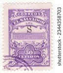 Small photo of EL SALVADOR — 1915: 50 centavos violet postage stamp depicting National Palace in San Salvador, the capital of the country, was built by engineer Jose Emilio Alcain. Overprinted with the letter “S”
