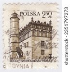 Small photo of POLAND — 1980 June 7: An 2.50 zloty dark brown postage stamp depicting Old Town Hall in Sandomir. Celebration of the thousandth anniversary (Millennium) of the foundation of Sandomierz