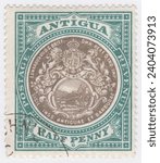 Small photo of ANTIGUA - 1903: ½ pence blue-green and black postage stamp depicting Seal of the Colony Antigua, now Antigua and Barbuda, islands in the West Indies, southeast of Puerto Rico