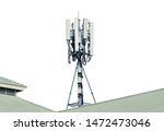 Telecommunication tower of 4G and 5G cellular. Cell Site Base Station. Wireless Communication Antenna Transmitter. Telecommunication tower with antennas on rooftop, white background.
