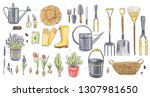 gardening tools and flowers... | Shutterstock . vector #1307981650