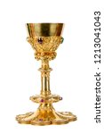 Small photo of Ancient golden goblet, Holy Grail, isolated on white background
