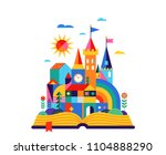 Open book with geometric fairy tale kingdom, knight castle, children room, class wall decoration. Colorful vector illustration